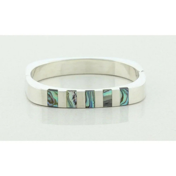 Sterling Silver Abalone Square Bangle Bracelet 7" inch Square 2 3/8" Diameter - Picture 1 of 7